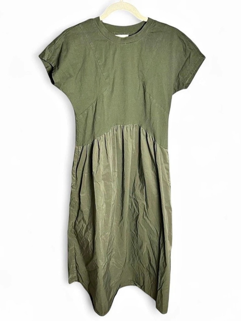 Melloday Olive Green Mixed Media Midi Dress Medium Drop Waist T-Shirt Dress